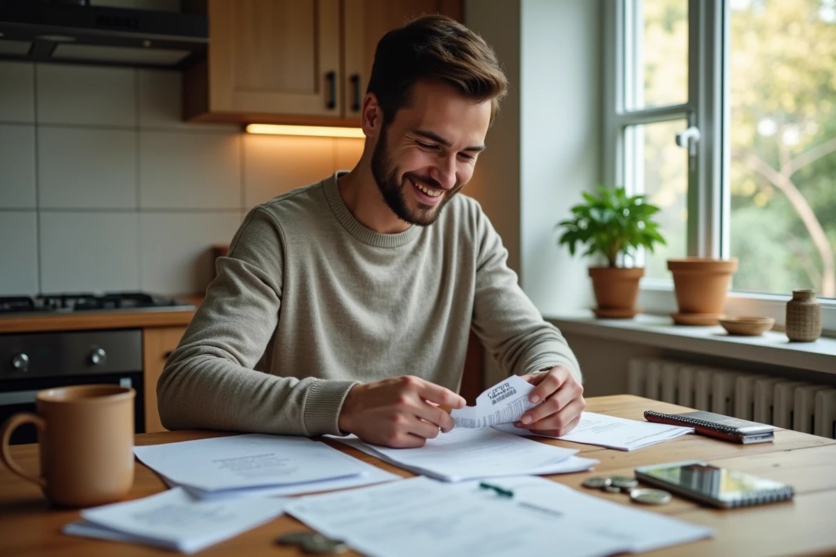Jeune homme triant des reçus et pièces dans sa cuisine