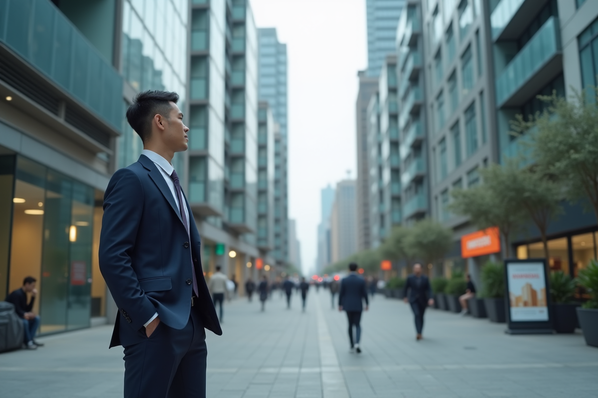 Jeune homme en costume dans la ville regardant des immeubles modernes