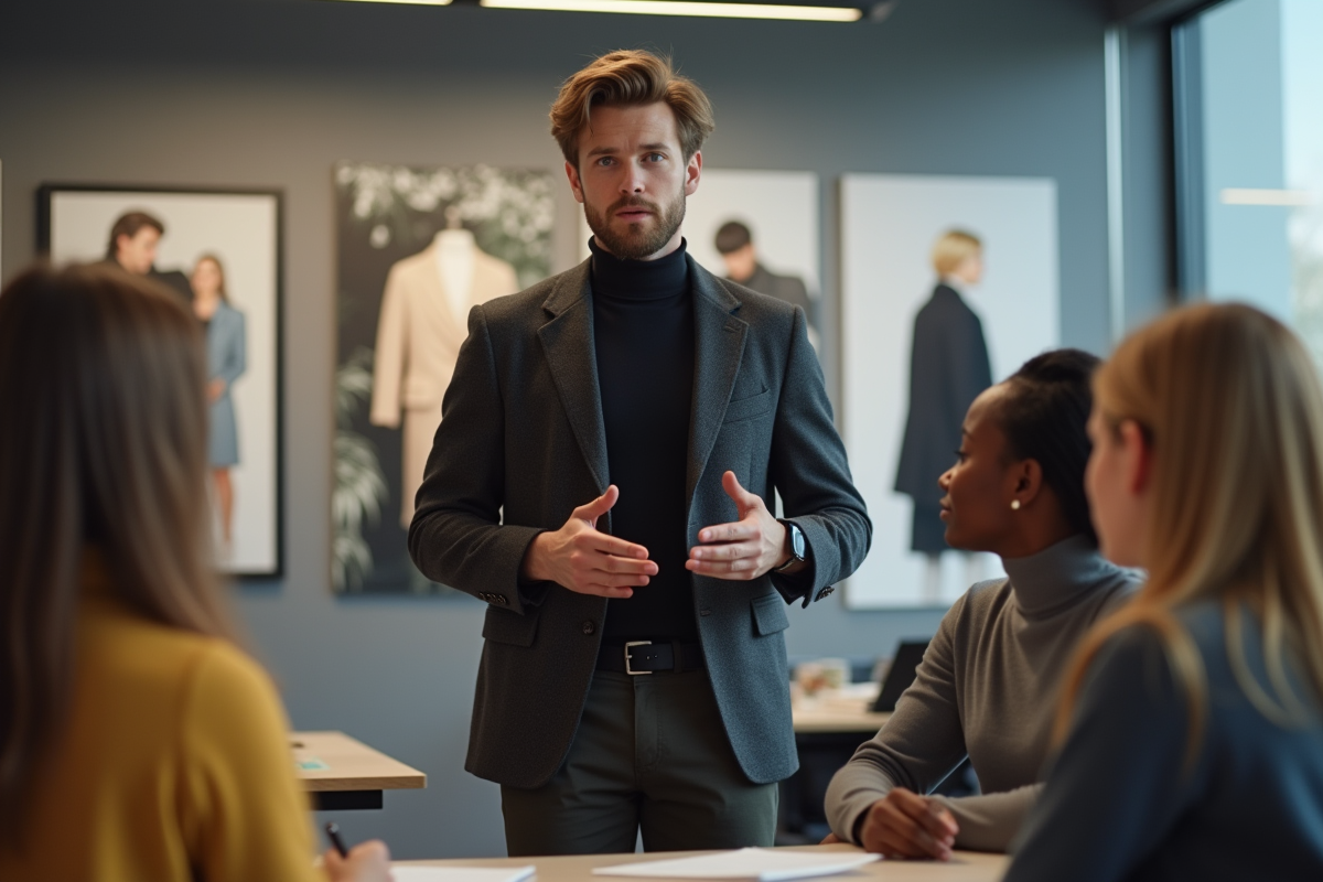 Jeune homme mentorant des étudiants en classe de mode moderne