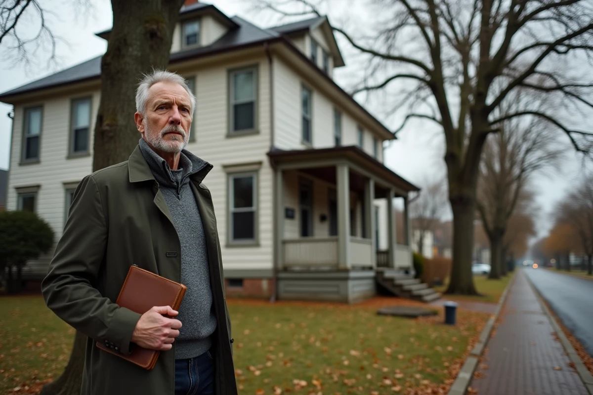 Journaliste devant une maison américaine des années 1950 dans le cadre d'une enquête sur l'affaire Ruth Finley en 2026