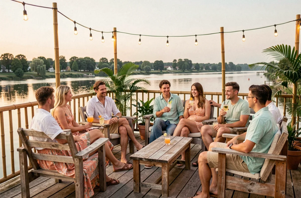 Terrasse estivale de La Plage à L'Isle-Adam avec une ambiance bar et club au bord de l'Oise