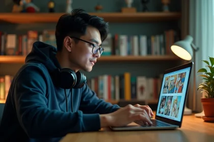 Jeune homme lisant un scan manga One Piece sur son ordinateur portable dans un bureau cosy entouré de volumes manga