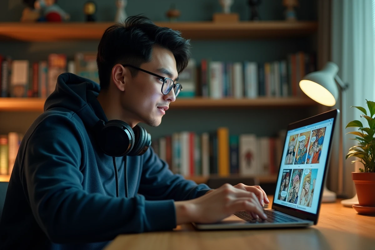 Jeune homme lisant un scan manga One Piece sur son ordinateur portable dans un bureau cosy entouré de volumes manga
