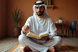 Homme lisant le Coran ouvert sur Sourate Al Mulk dans une pièce décorée aux motifs islamiques
