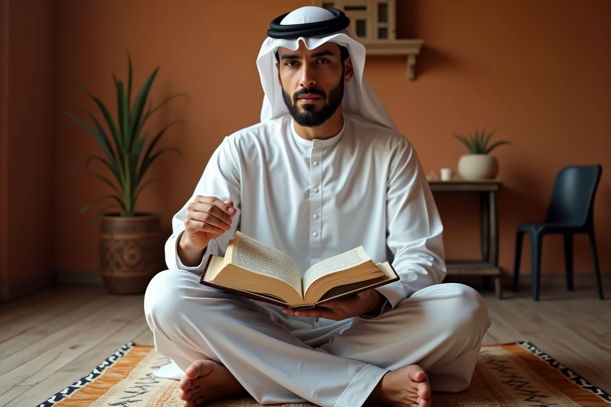 Homme lisant le Coran ouvert sur Sourate Al Mulk dans une pièce décorée aux motifs islamiques