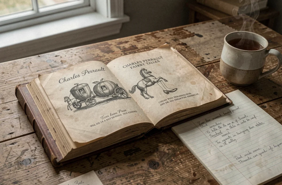 Livre ancien de Charles Perrault ouvert avec notes de collégien sur un bureau en bois rustique