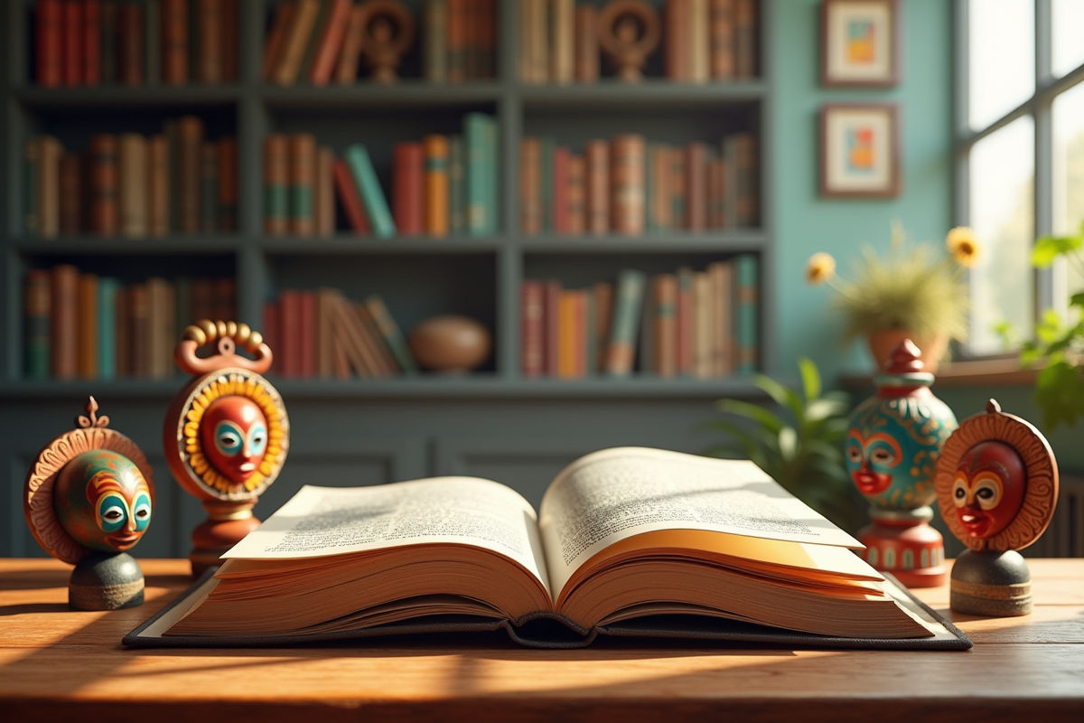 Livre ouvert avec symboles culturels dans bibliothèque lumineuse