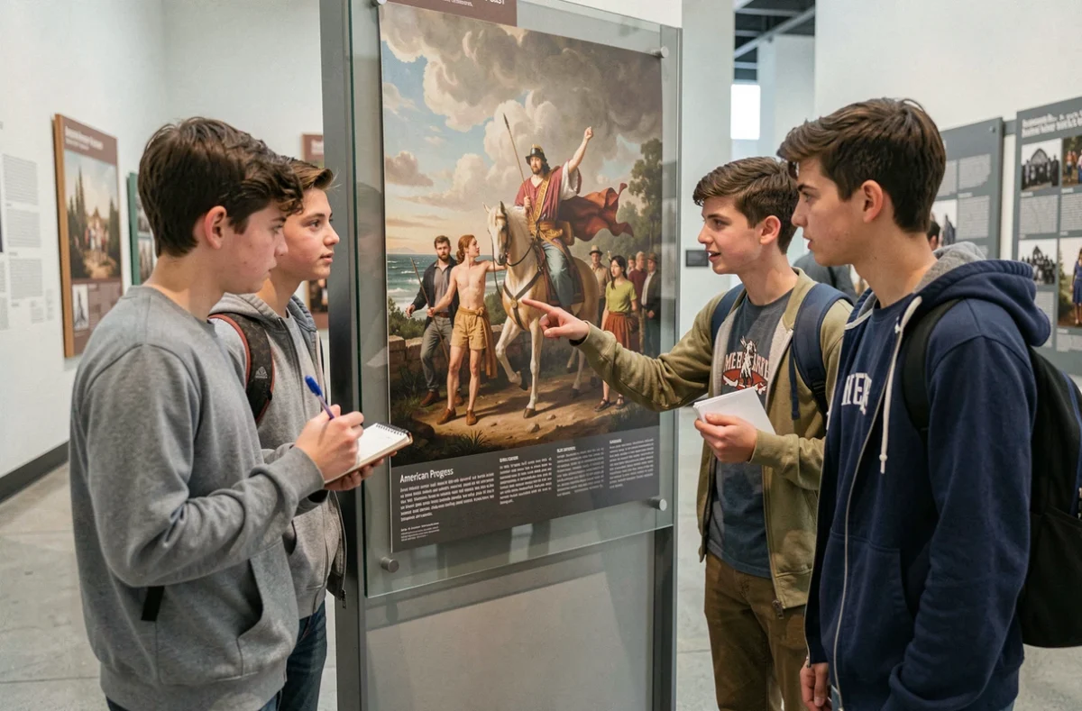 Groupe de lycéens en visite au musée observant une reproduction de la peinture American Progress de John Gast sur un panneau d'exposition historique