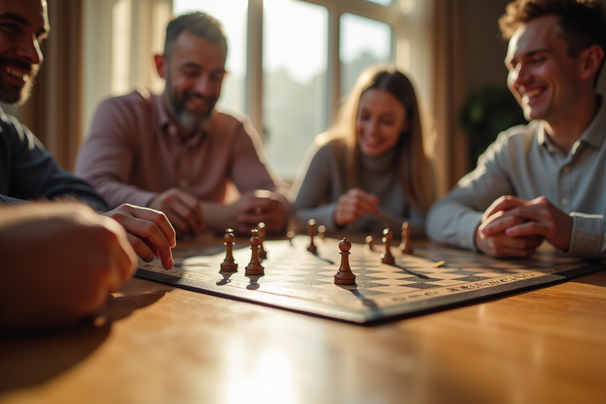 Mains souriantes manipulant des pièces sur un plateau de jeu vintage