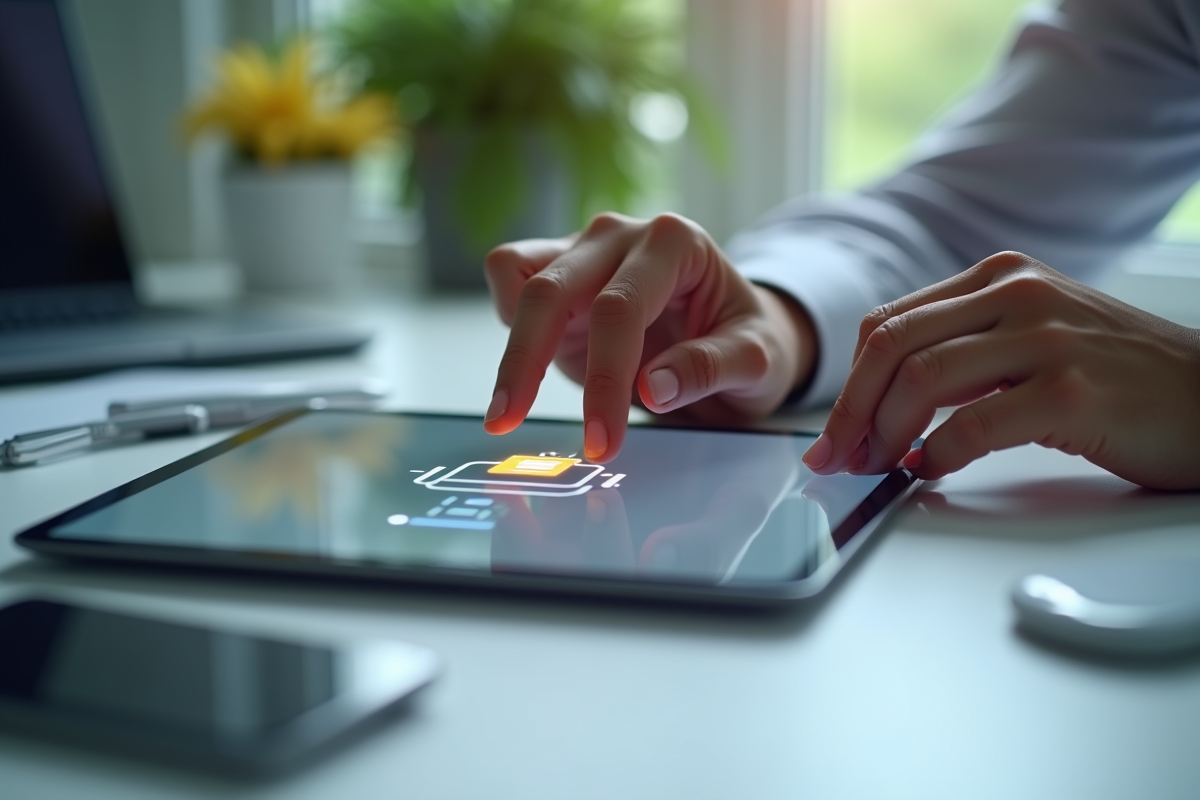Mains manipulant une tablette pour déplacer un fichier digital