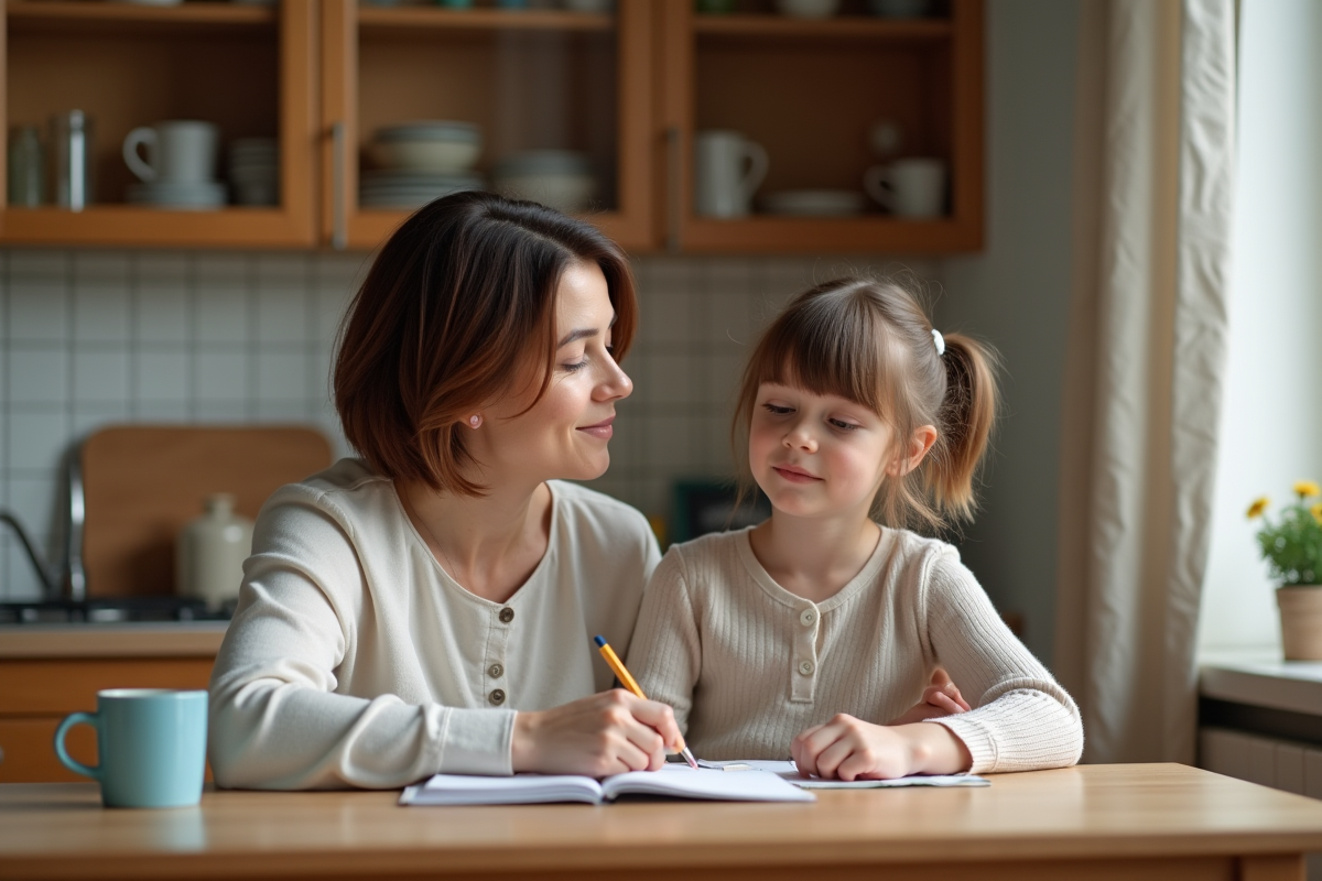 Femme aidant sa fille à faire ses devoirs dans la cuisine