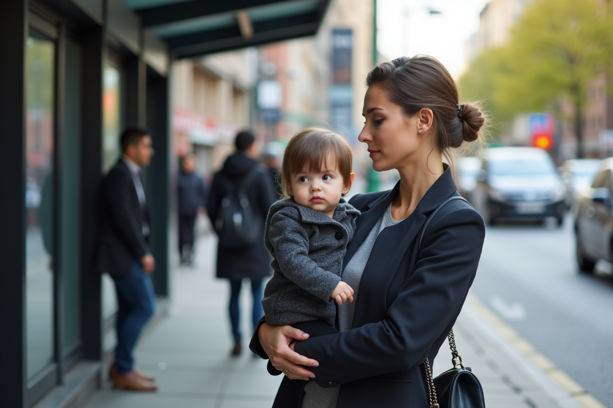 Mère seule avec un enfant à la halte de bus en ville