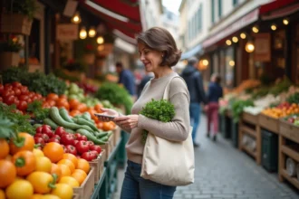 Femme française achetant légumes au marché