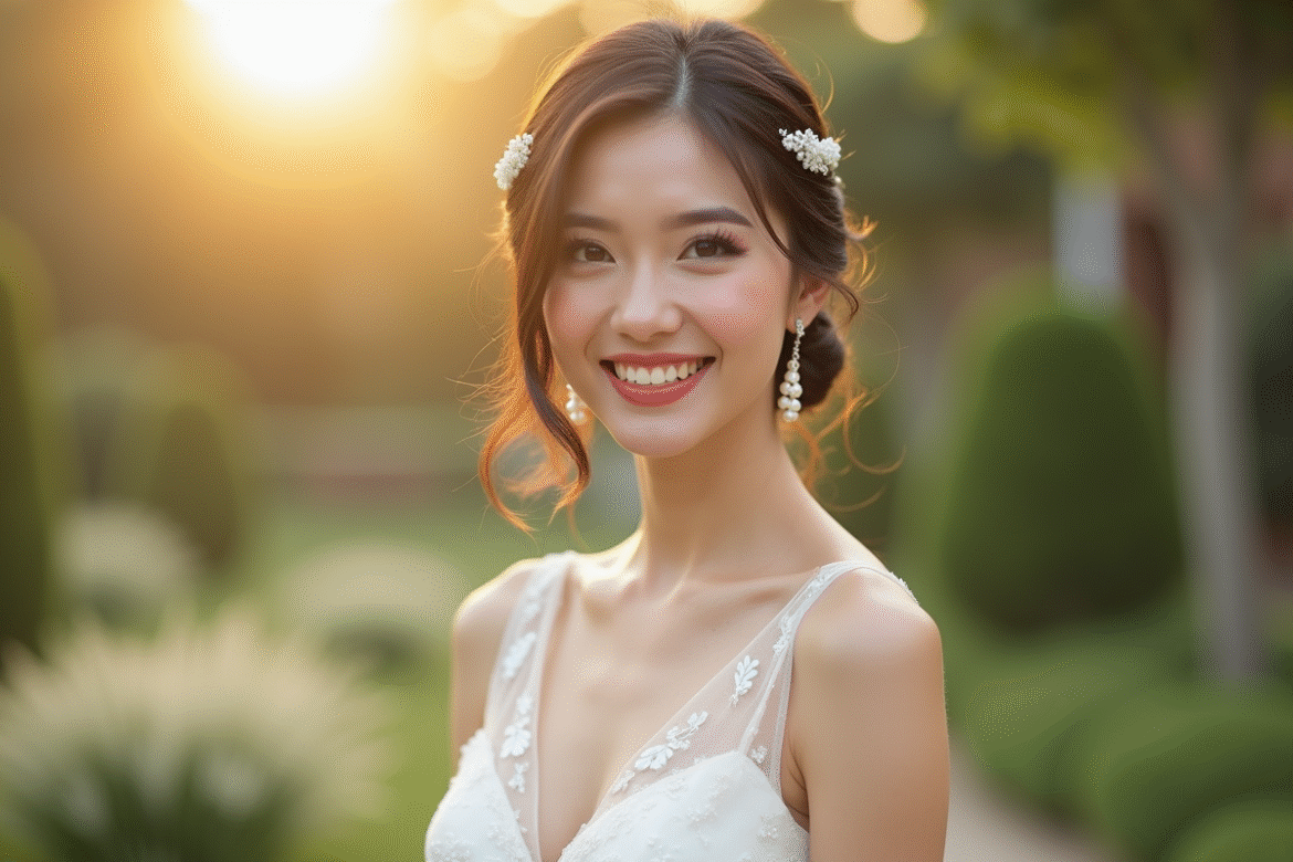 Mariée souriante avec coiffure élégante et perles