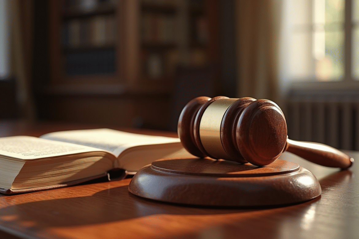 Marteau de justice en bois sur un bureau éclairé