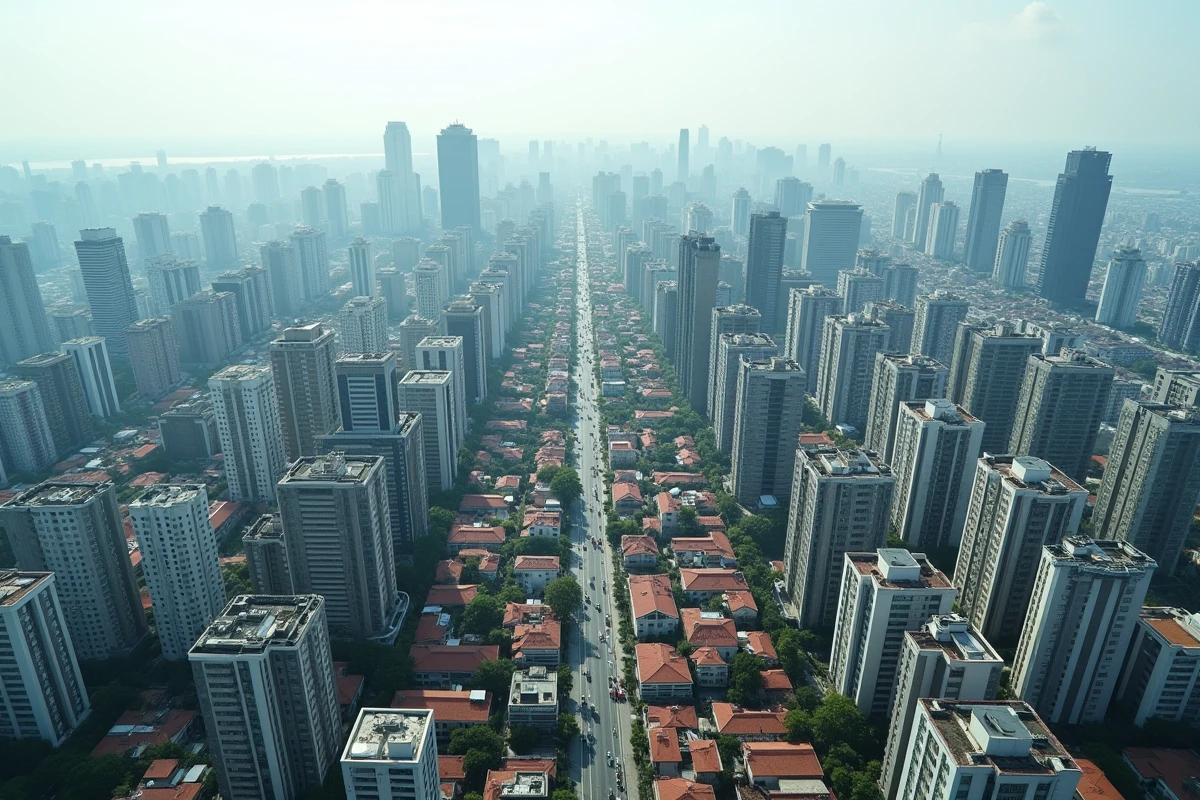 Vue aérienne d'une mégapole asiatique densément peuplée avec des tours résidentielles et un réseau de rues animées, symbolisant la concentration de la population mondiale