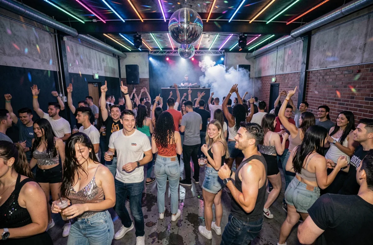 Vue générale d'une discothèque animée dans le Val-d'Oise avec une piste de danse bondée et des lumières colorées