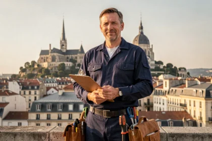 Électricien professionnel devant la ville de Lyon, représentant les meilleurs électriciens de la région