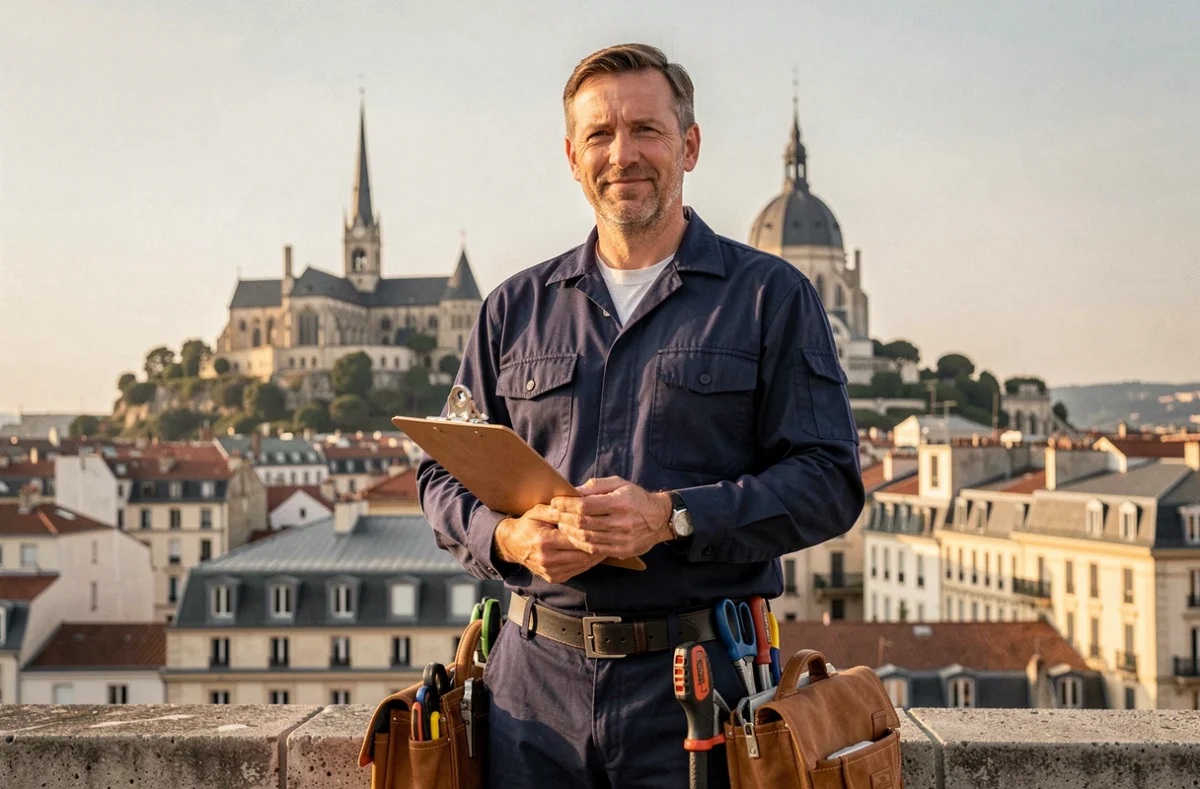 Électricien professionnel devant la ville de Lyon, représentant les meilleurs électriciens de la région