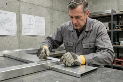 Professionnel mesurant un profilé en L inox sur établi en atelier de fabrication métallique