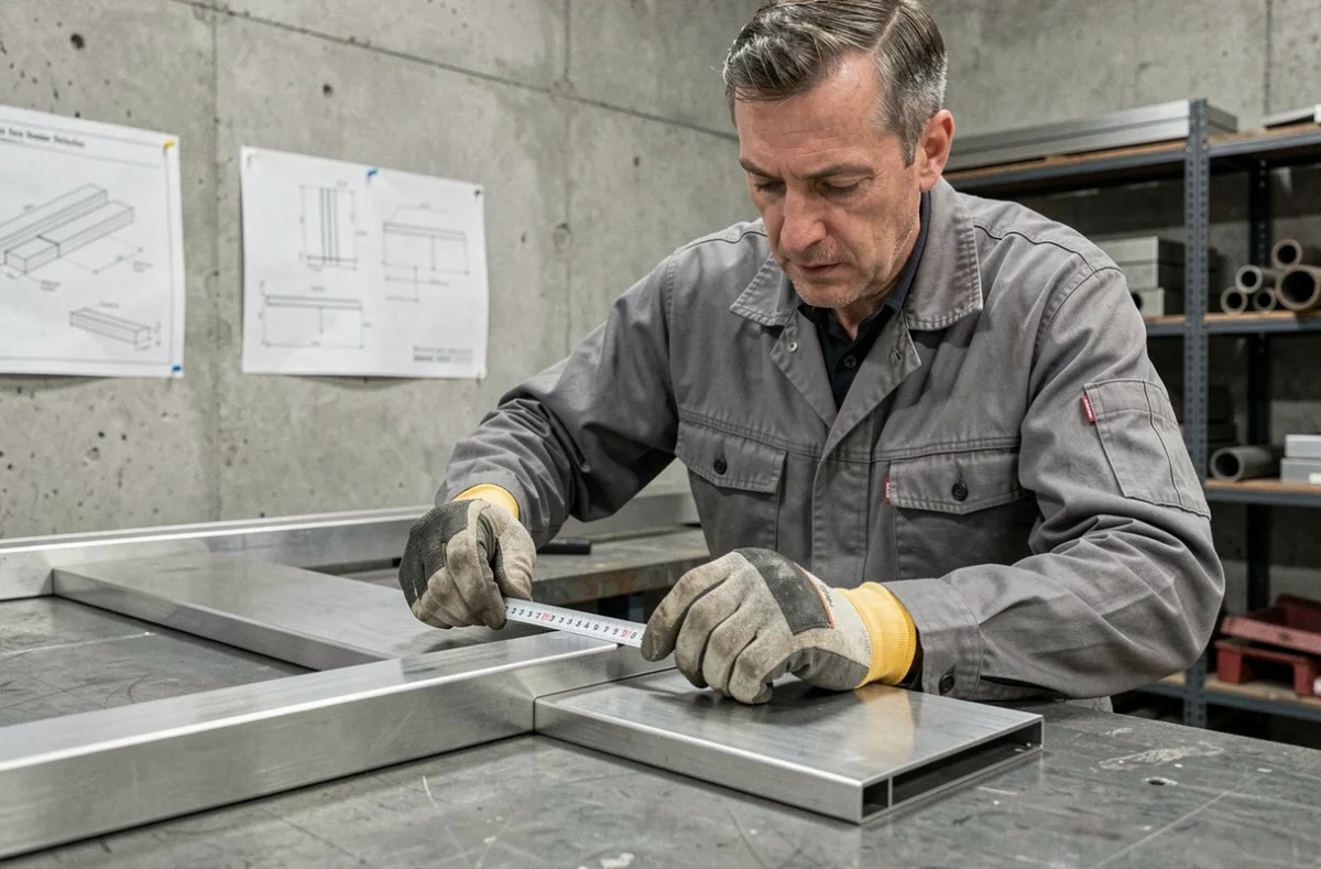 Professionnel mesurant un profilé en L inox sur établi en atelier de fabrication métallique