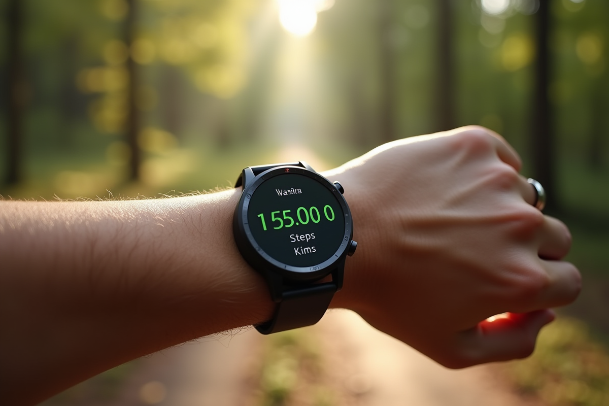 Montre connectee affichant 15000 pas en plein air