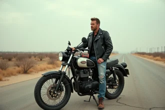 Motard en veste de cuir noir appuyé contre une moto vintage sur une route désertique, avec un lecteur de cassettes posé sur le réservoir évoquant la bande-son rock d'un road trip