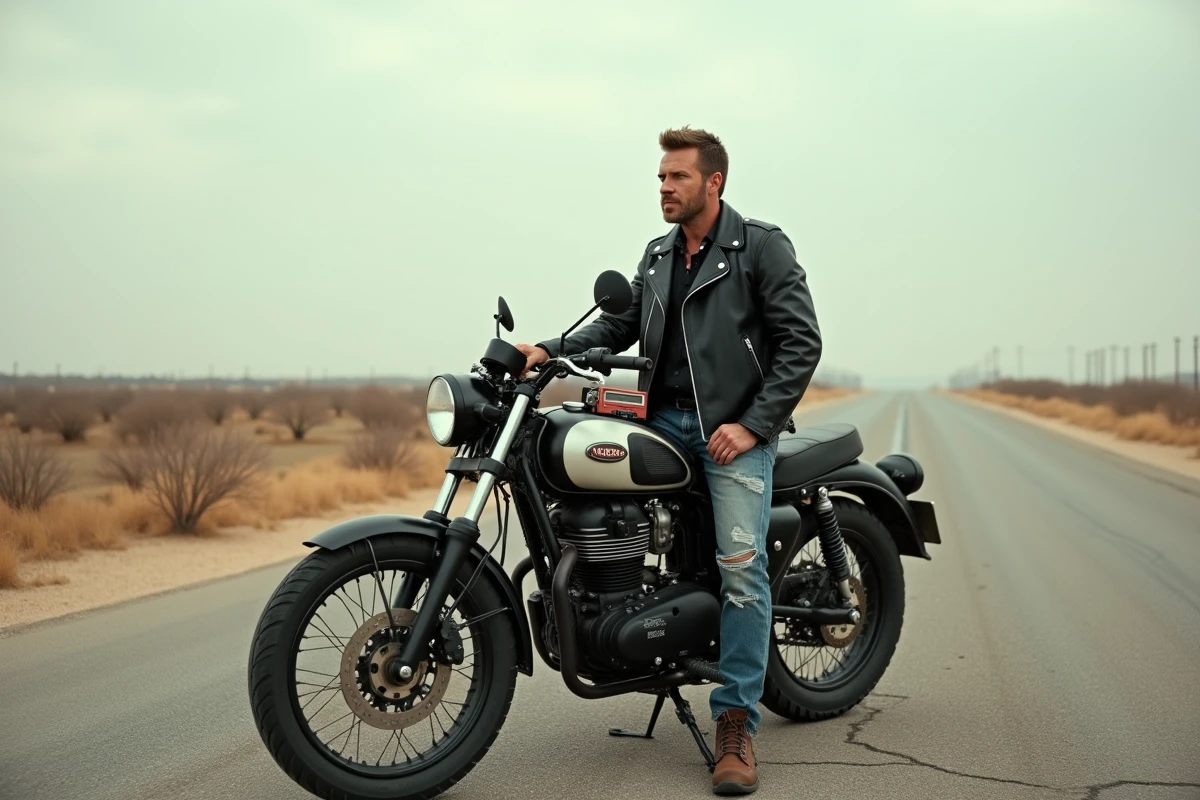 Motard en veste de cuir noir appuyé contre une moto vintage sur une route désertique, avec un lecteur de cassettes posé sur le réservoir évoquant la bande-son rock d'un road trip