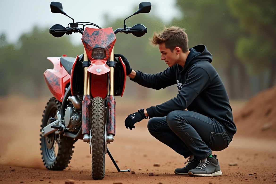 Jeune homme motocross ajustant son handguard rouge à côté de sa moto