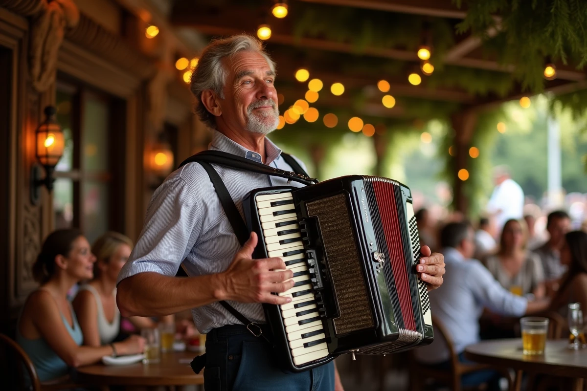 Musicien accordéoniste en concert sur la scène de la guinguette de La Madeleine lors d'une soirée estivale en plein air
