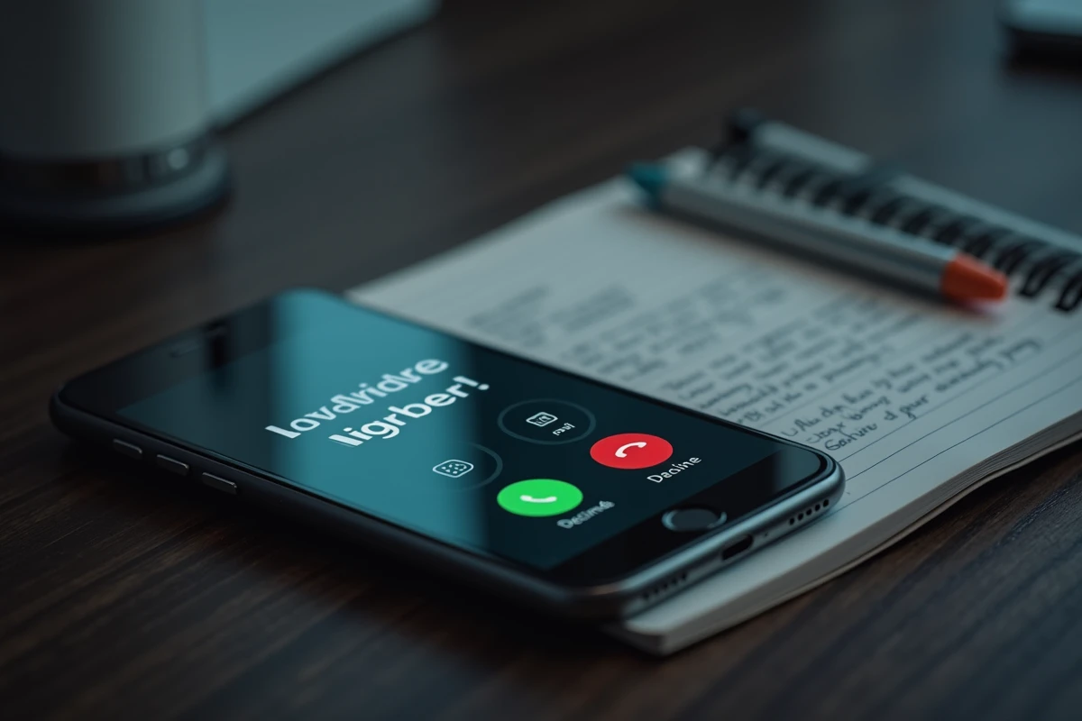 Smartphone affichant un appel entrant d'un numéro suspect posé sur une table avec un carnet de notes
