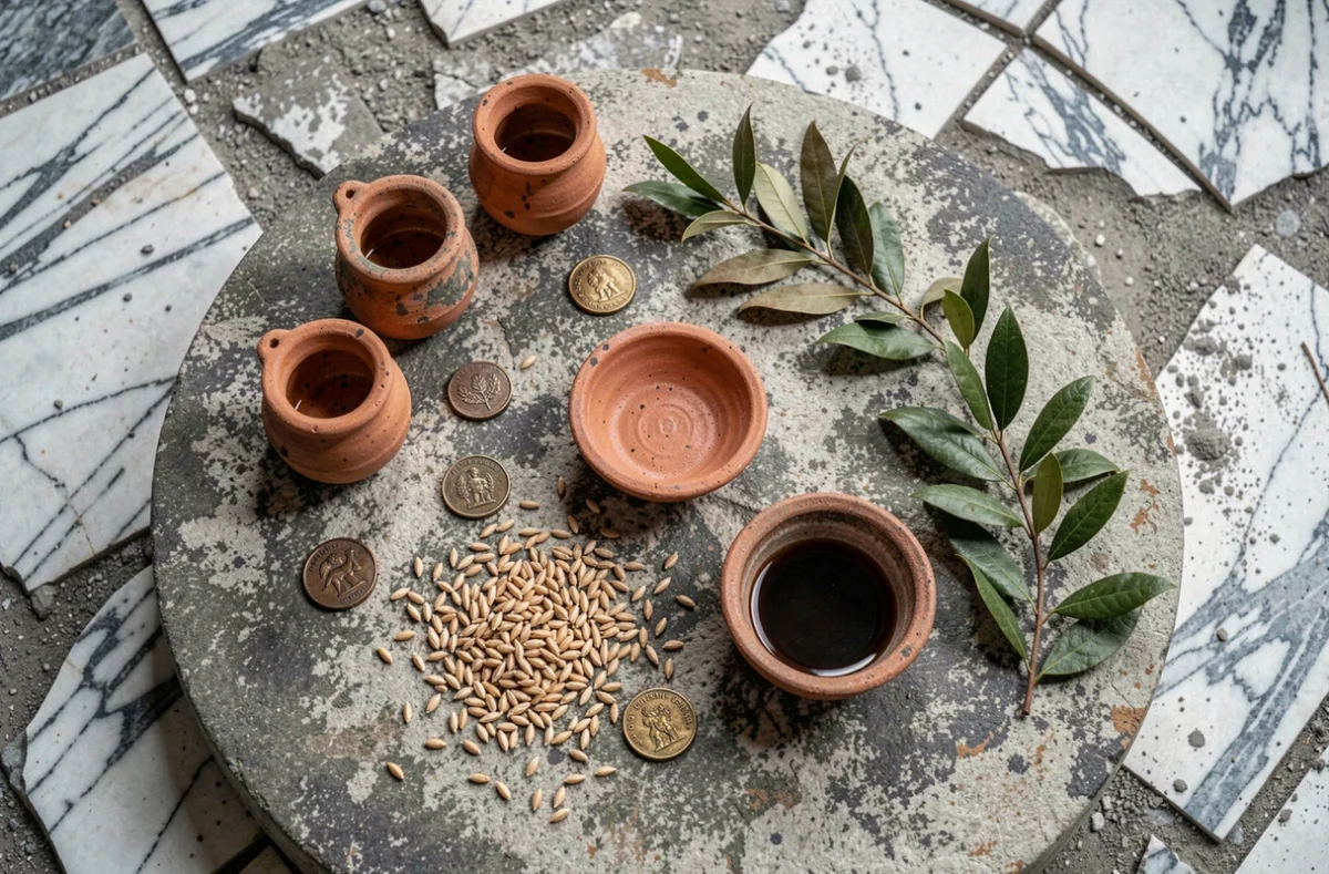 Vue plongeante sur un autel en pierre ancienne couvert d'offrandes rituelles grecques : lampes à huile, branches de laurier, monnaies en bronze et bols en céramique