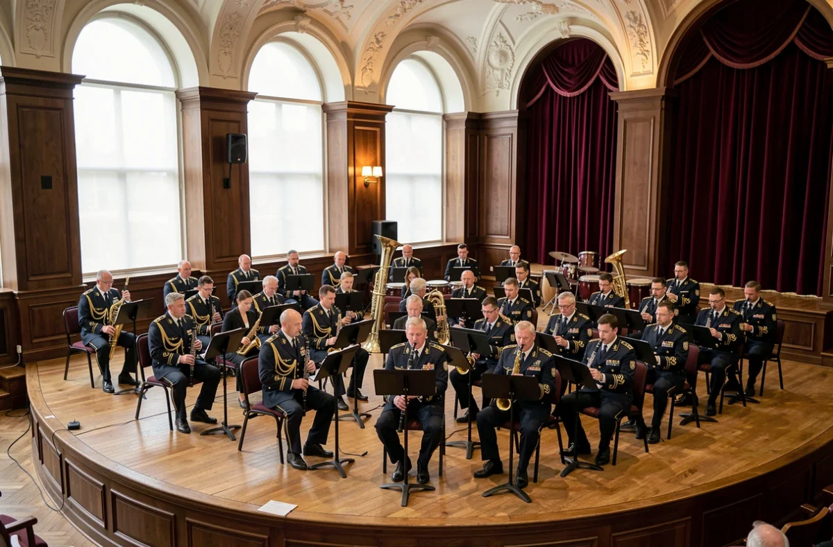 Orchestre militaire en répétition dans une salle de cérémonie ornée aux boiseries sombres