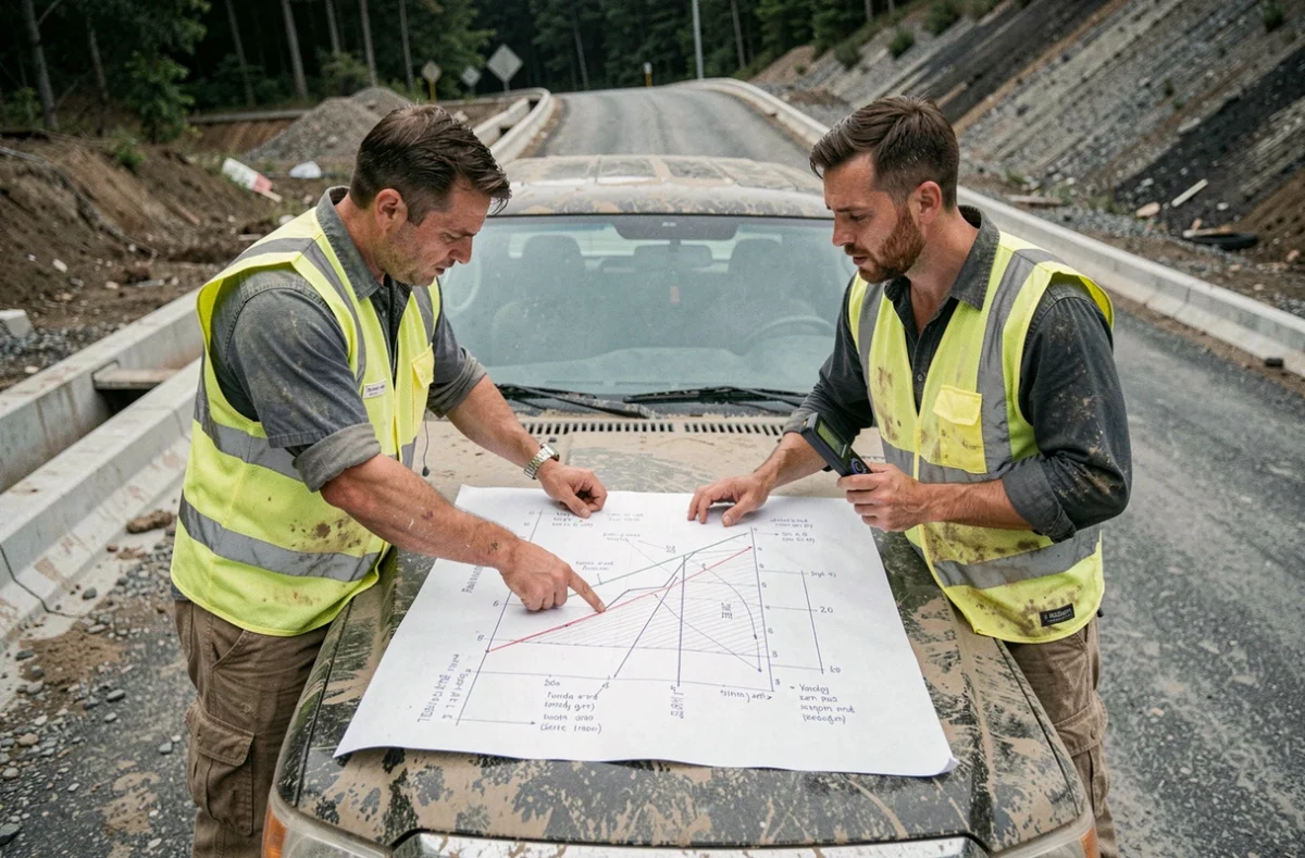 Deux ouvriers de chantier qui comparent des annotations de pente en degrés et en pourcentage sur un plan posé sur le capot d'un camion, sur une route inclinée
