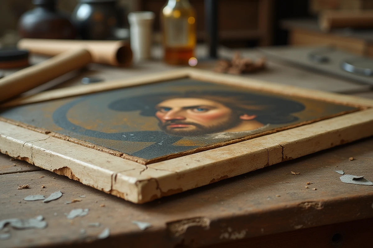 Détail d'un panneau de bois de peuplier ancien sur un établi de restauration d'art avec traces de préparation au gesso