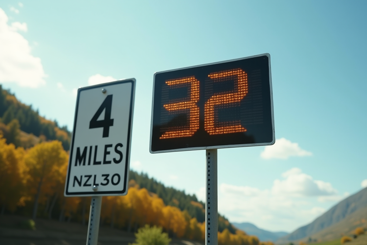 Panneau routier indiquant 4 miles et la conversion en kilomètres