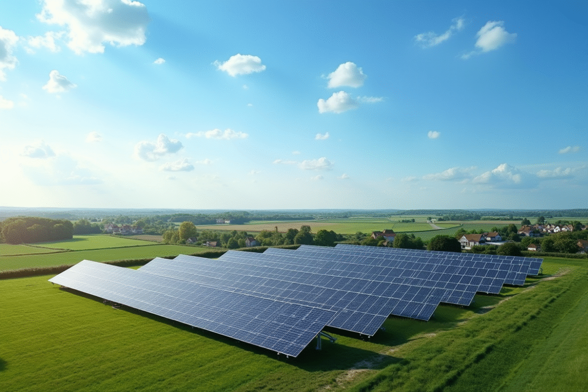 Champ de panneaux solaires en Normandie sous un ciel bleu