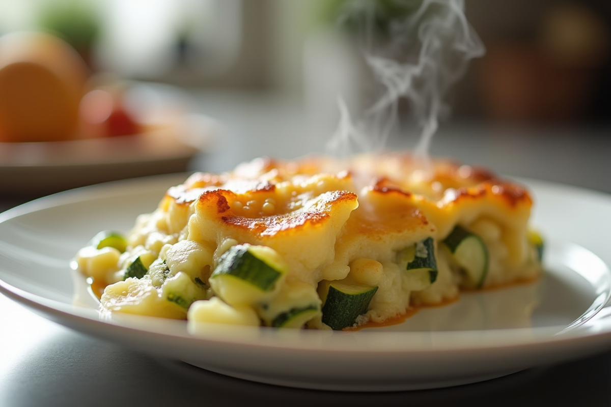 Gros plan sur le gratin de courgettes et pommes de terre fondant