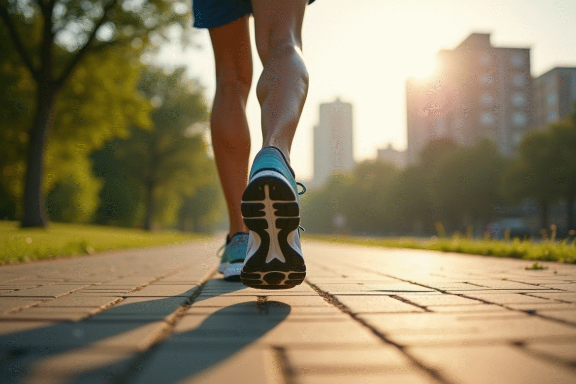 Jambes et chaussures de sport en marche dans un parc urbain