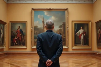 Homme contemplant une peinture classique dans un musée des beaux-arts, illustrant les grands peintres et mouvements artistiques