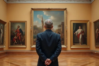 Homme contemplant une peinture classique dans un musée des beaux-arts, illustrant les grands peintres et mouvements artistiques