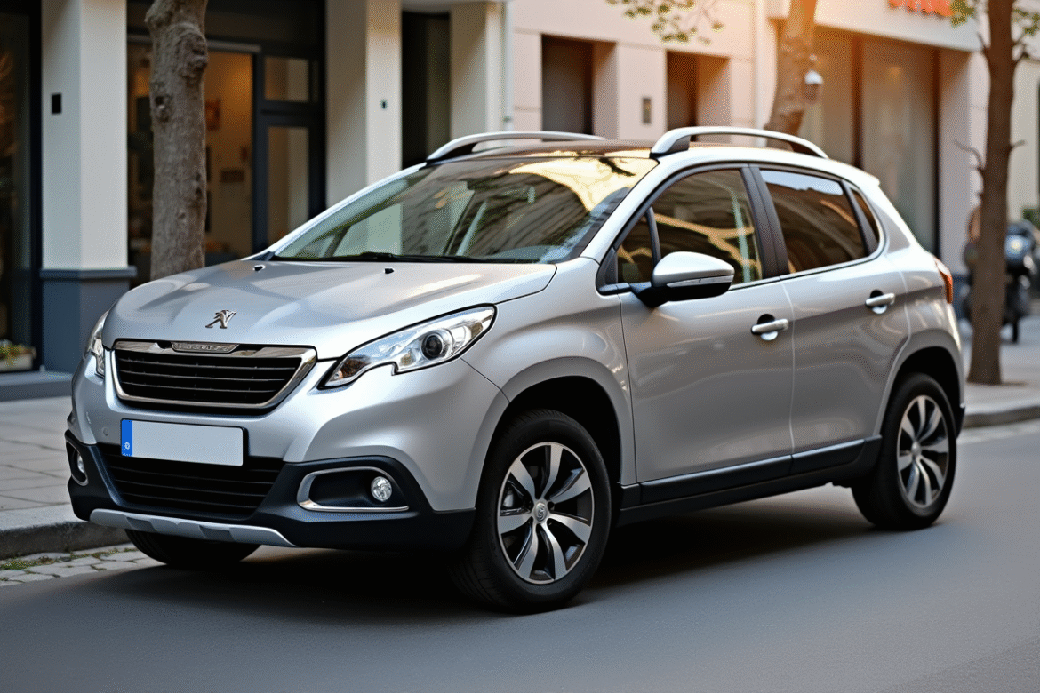 Peugeot 2008 argentée stationnée en ville en plein jour