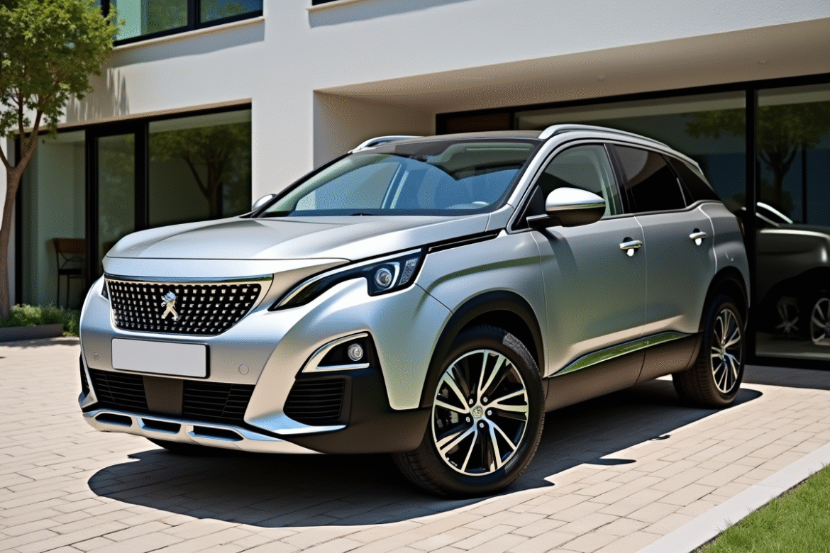 Peugeot 3008 métallique devant maison moderne en plein jour