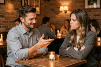 Un homme au restaurant fait une remarque maladroite à une femme visiblement mal à l'aise lors d'un rendez-vous amoureux