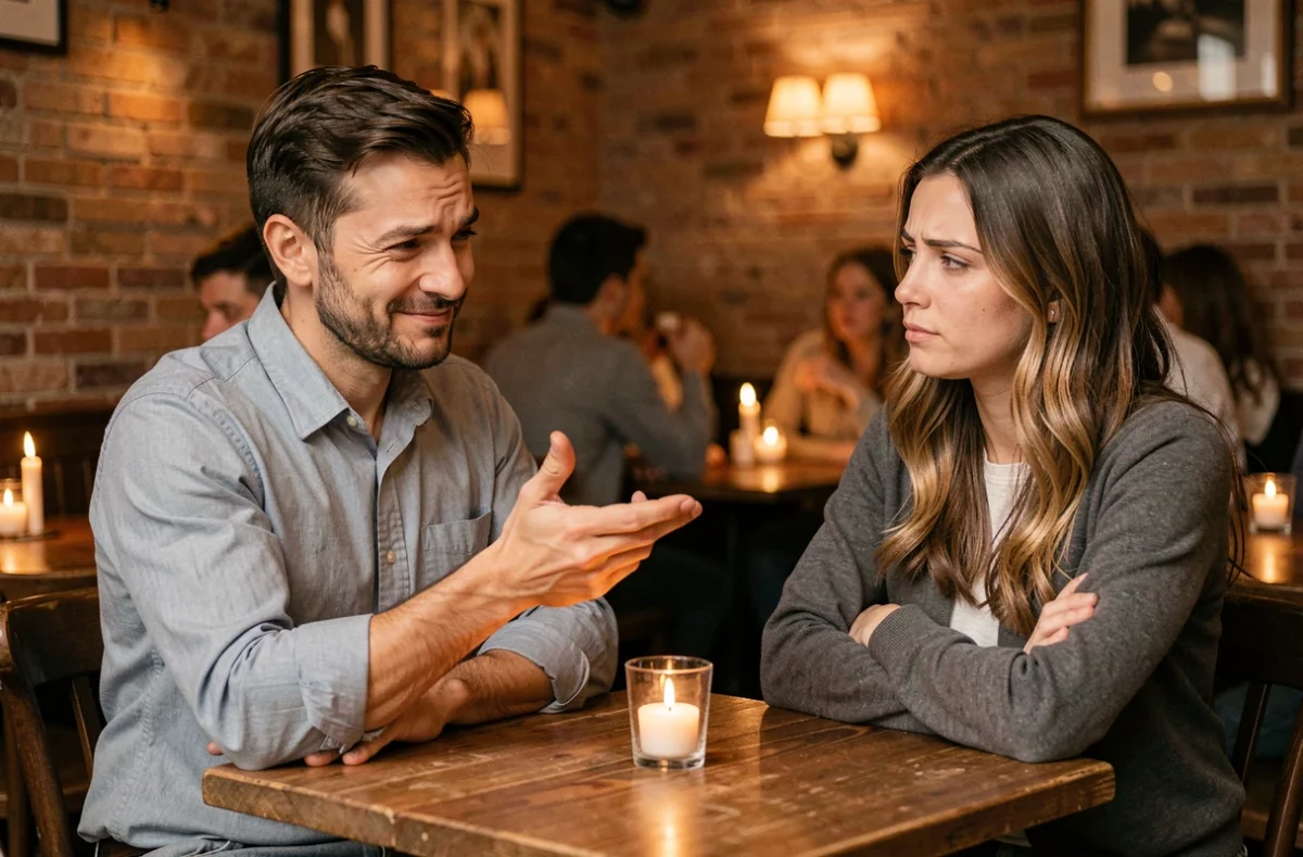 Un homme au restaurant fait une remarque maladroite à une femme visiblement mal à l'aise lors d'un rendez-vous amoureux