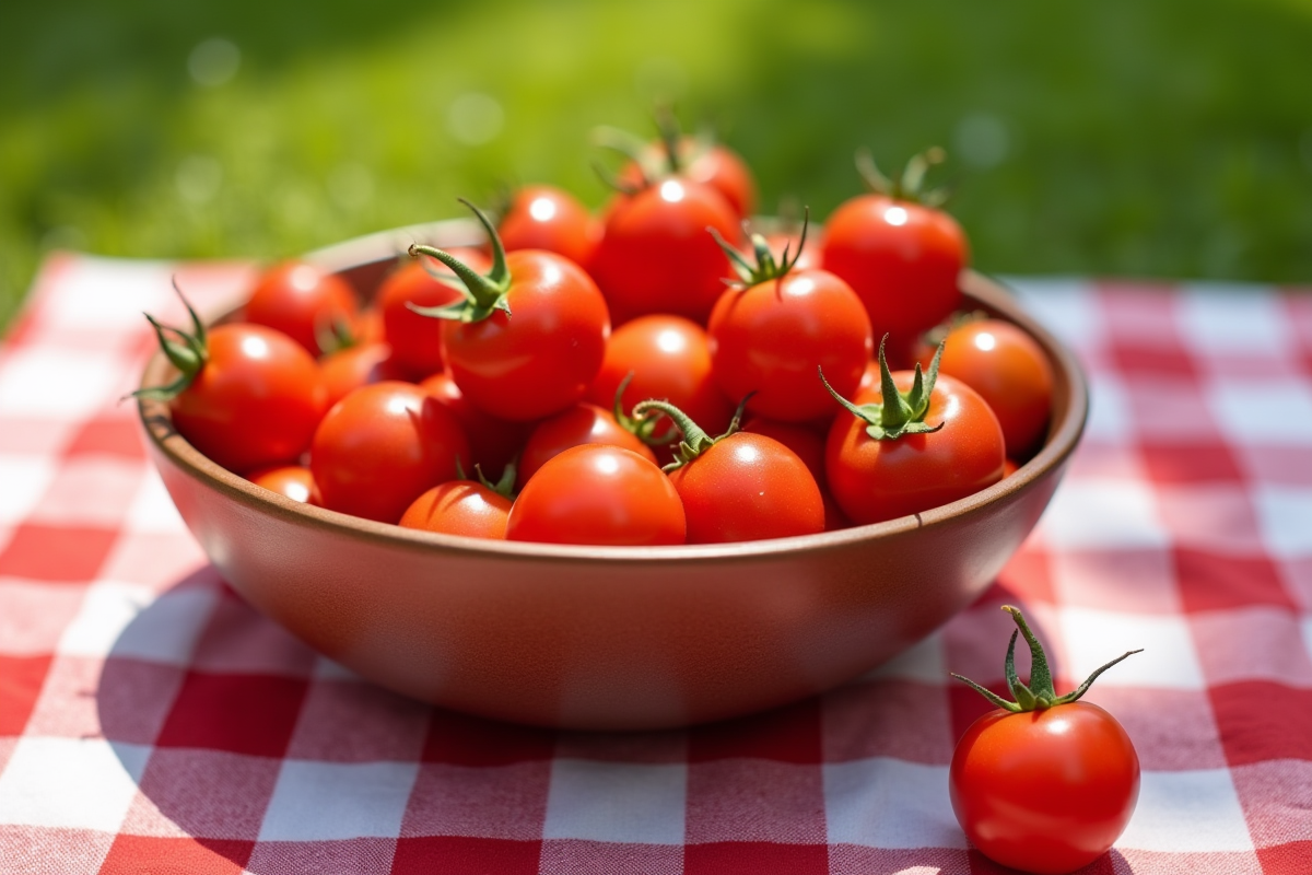 Panier de tomates cerises sur nappe en plein air ensoleille