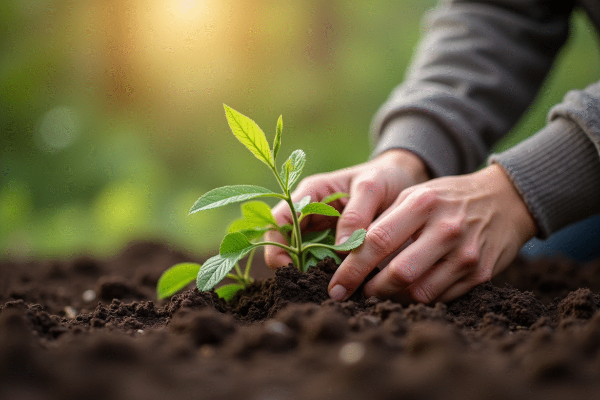 Mains plantant une passiflore dans la terre humide en extérieur