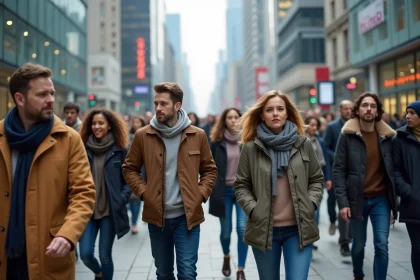 Foule diverse de personnes de différentes origines ethniques dans une place urbaine animée, illustrant la diversité de la population mondiale en 2026