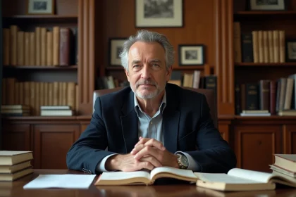 Portrait d'un homme distingué aux cheveux poivre et sel assis dans un bureau parisien classique entouré de livres et documents, illustrant une biographie vérifiée