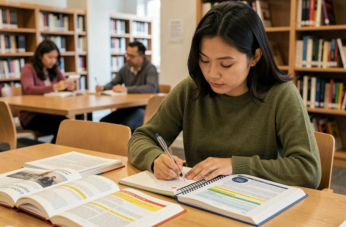 Jeune femme préparant les questions réponses pour l'entretien de naturalisation dans une bibliothèque